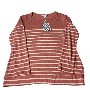 Market & Spruce Women's Large Striped Button Shoulder Long Sleeve Top